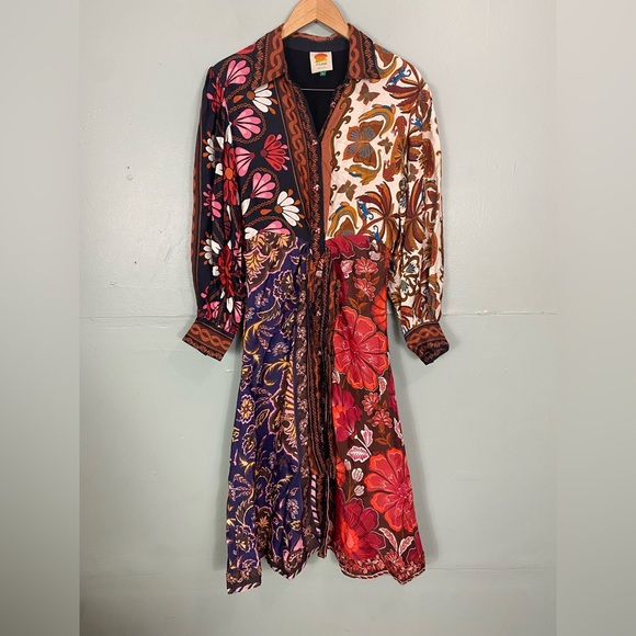 FARM Rio Miranda Long Sleeve Floral Faux Wrap Midi Dress Button Front M Chemise - Picture 2 of 11
